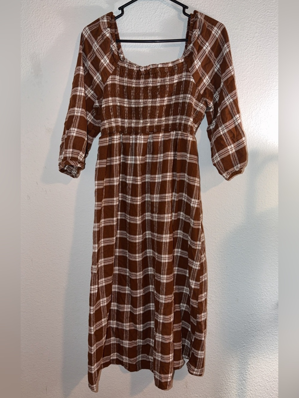 Brown and White Plaid Midi Dress